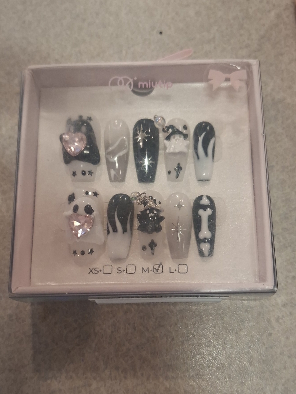 Handmade Black & White Gothic  With Pink Gems Press-On Nail Set
